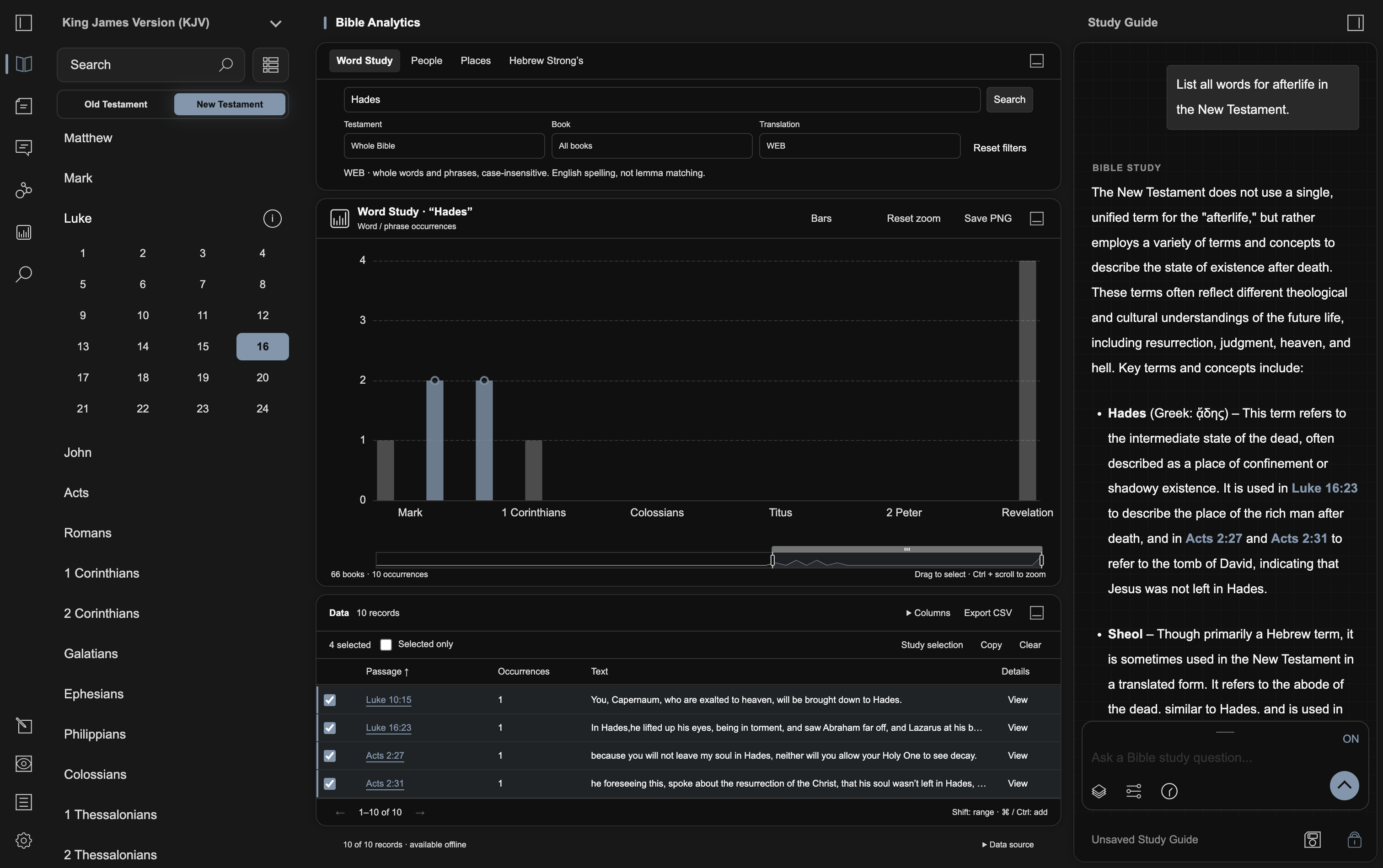 Bible Analytics with search filters, an interactive chart, selectable passage records, and the connected Study Guide