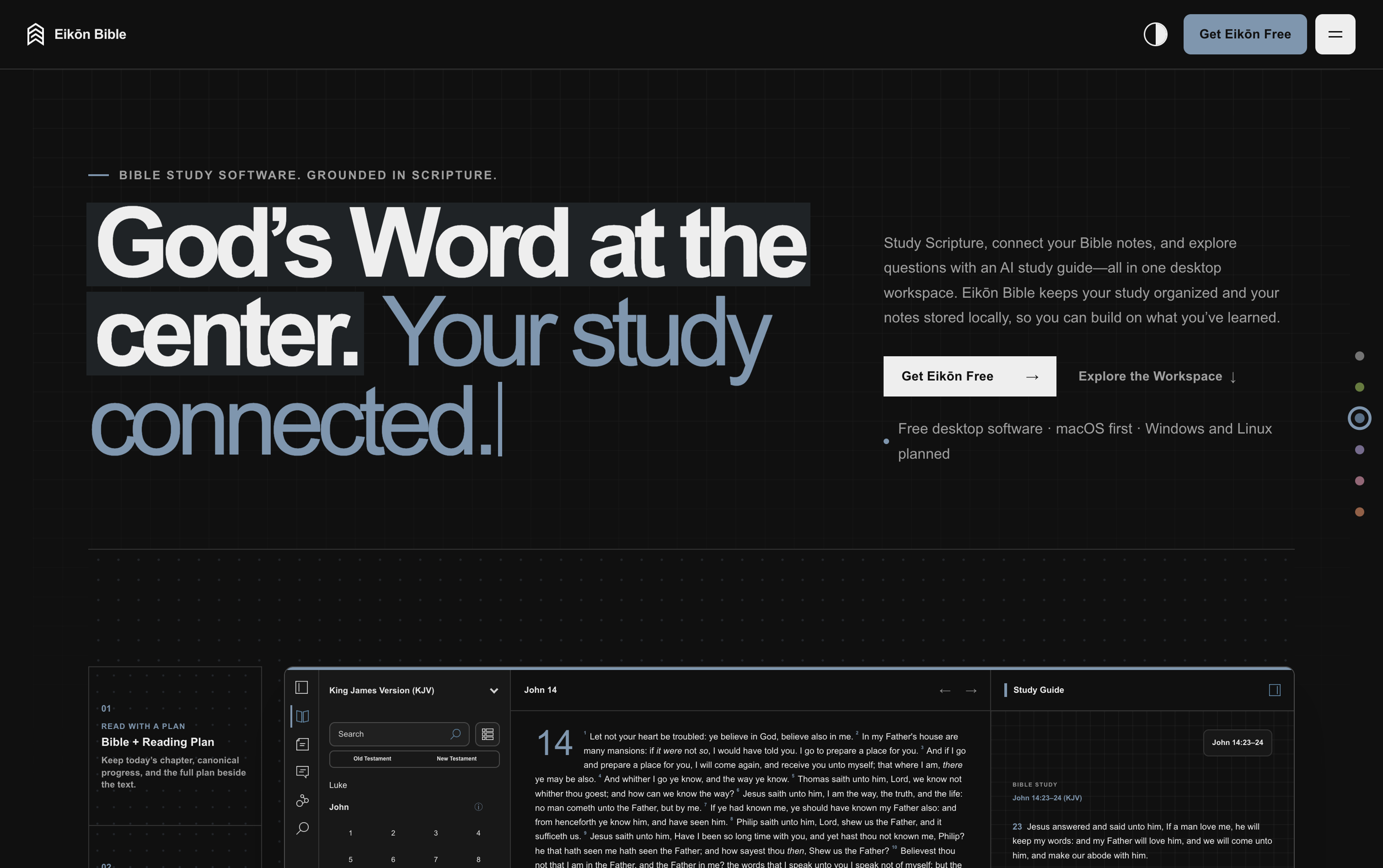 Eikōn Bible website introducing a connected desktop study workspace in dark mode